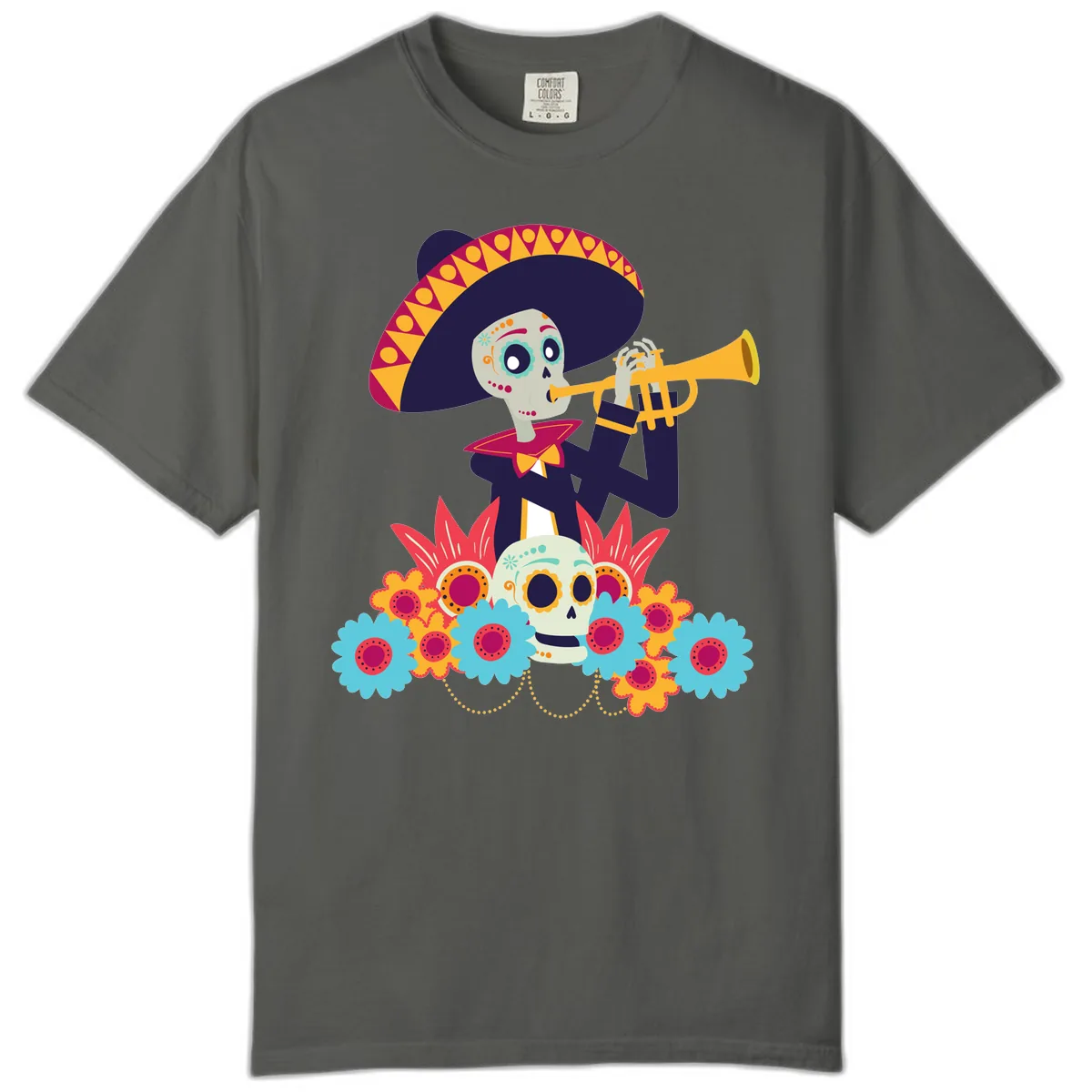 Calavera Mariachi Skeleton Trumpet Player Comfort Color in Pepper