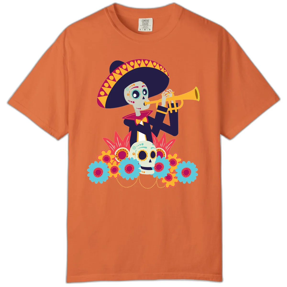 Calavera Mariachi Skeleton Trumpet Player Comfort Color in Burnt Orange