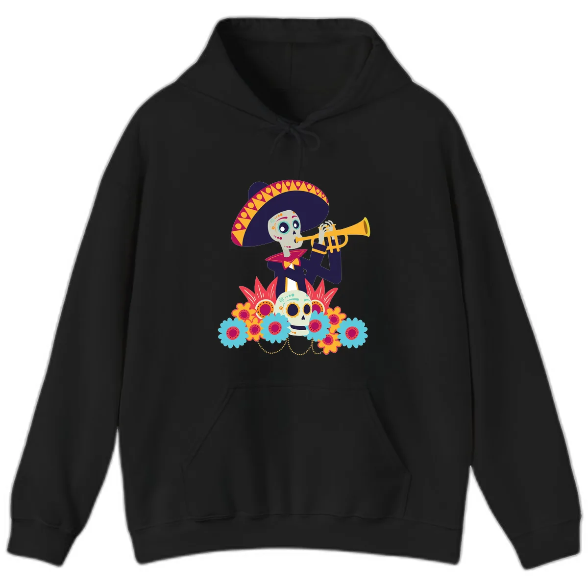 Calavera Mariachi Skeleton Trumpet Player Hoodie in Black