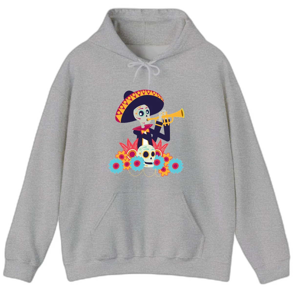 Calavera Mariachi Skeleton Trumpet Player Hoodie in Sport Grey