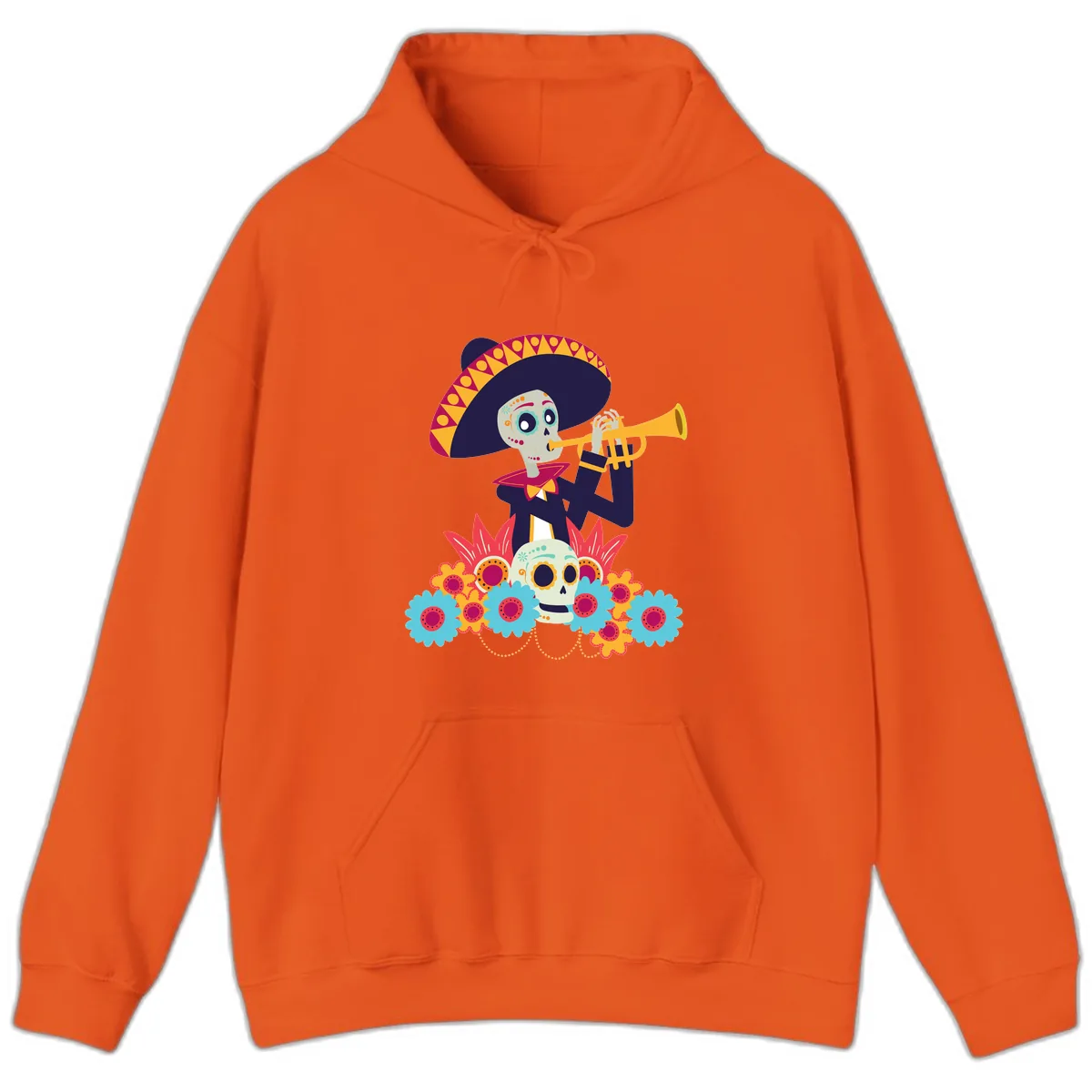 Calavera Mariachi Skeleton Trumpet Player Hoodie in Orange
