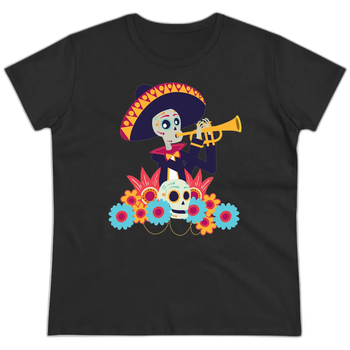 Calavera Mariachi Skeleton Trumpet Player Ladies Tee in Black