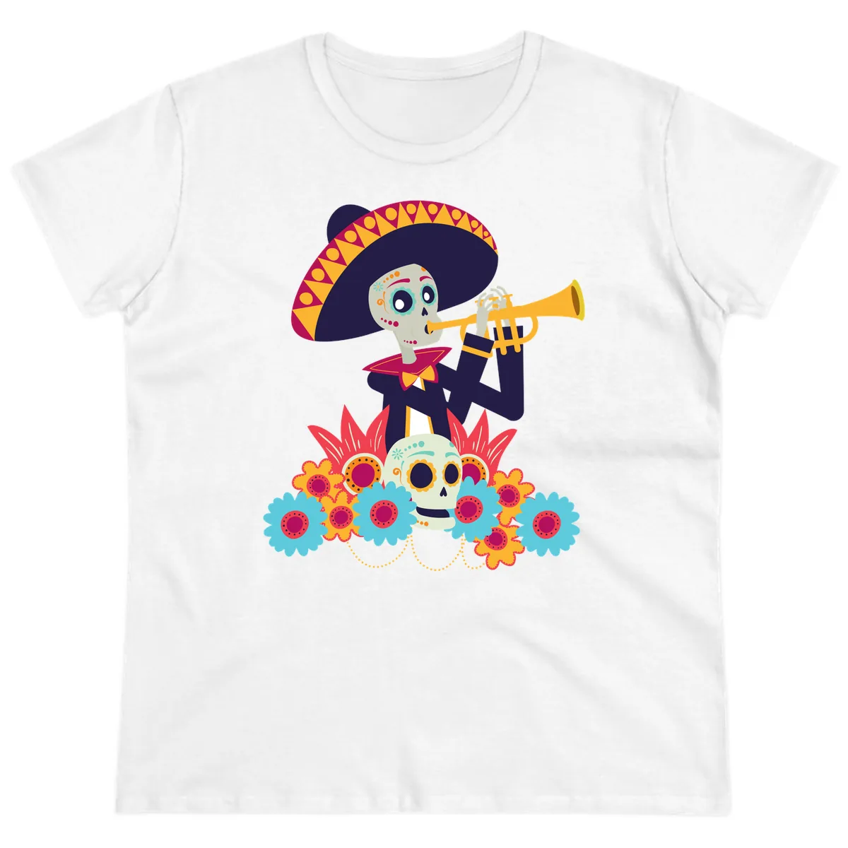 Calavera Mariachi Skeleton Trumpet Player Ladies Tee in White