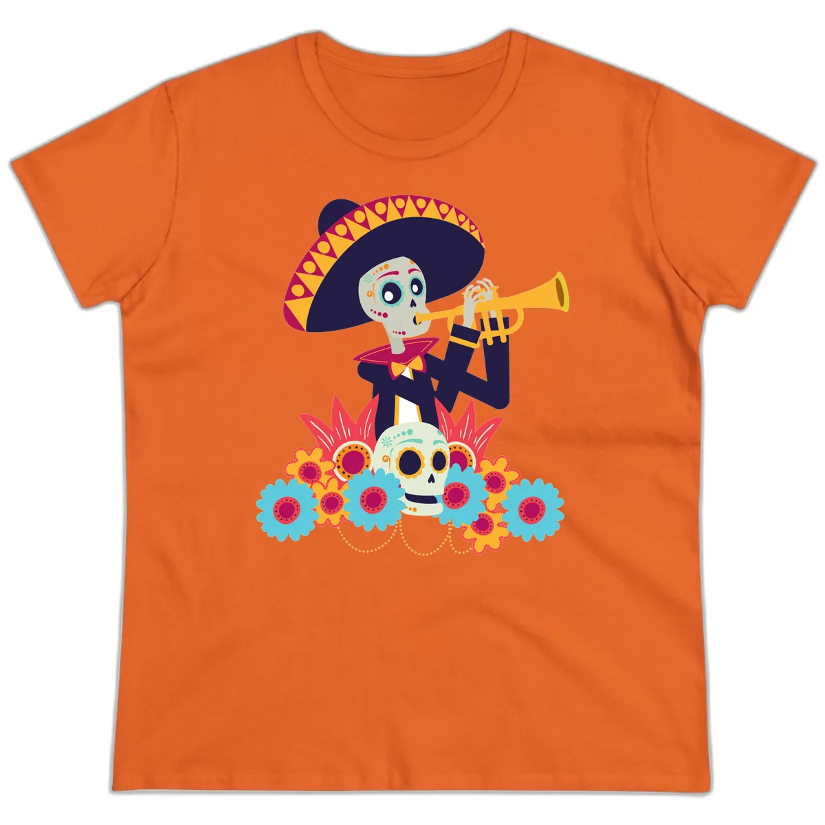 Calavera Mariachi Skeleton Trumpet Player Ladies Tee in Orange
