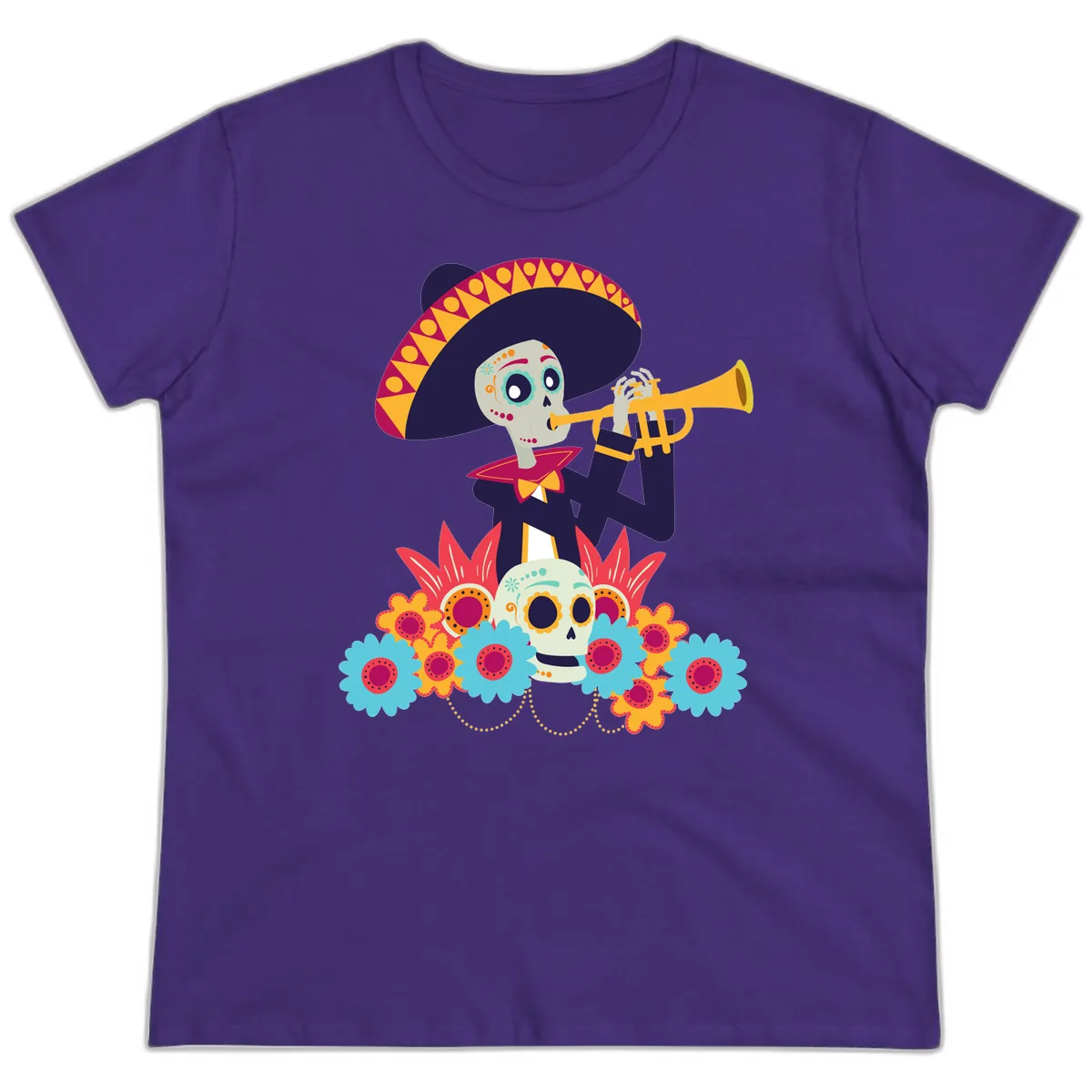 Calavera Mariachi Skeleton Trumpet Player Ladies Tee in Purple