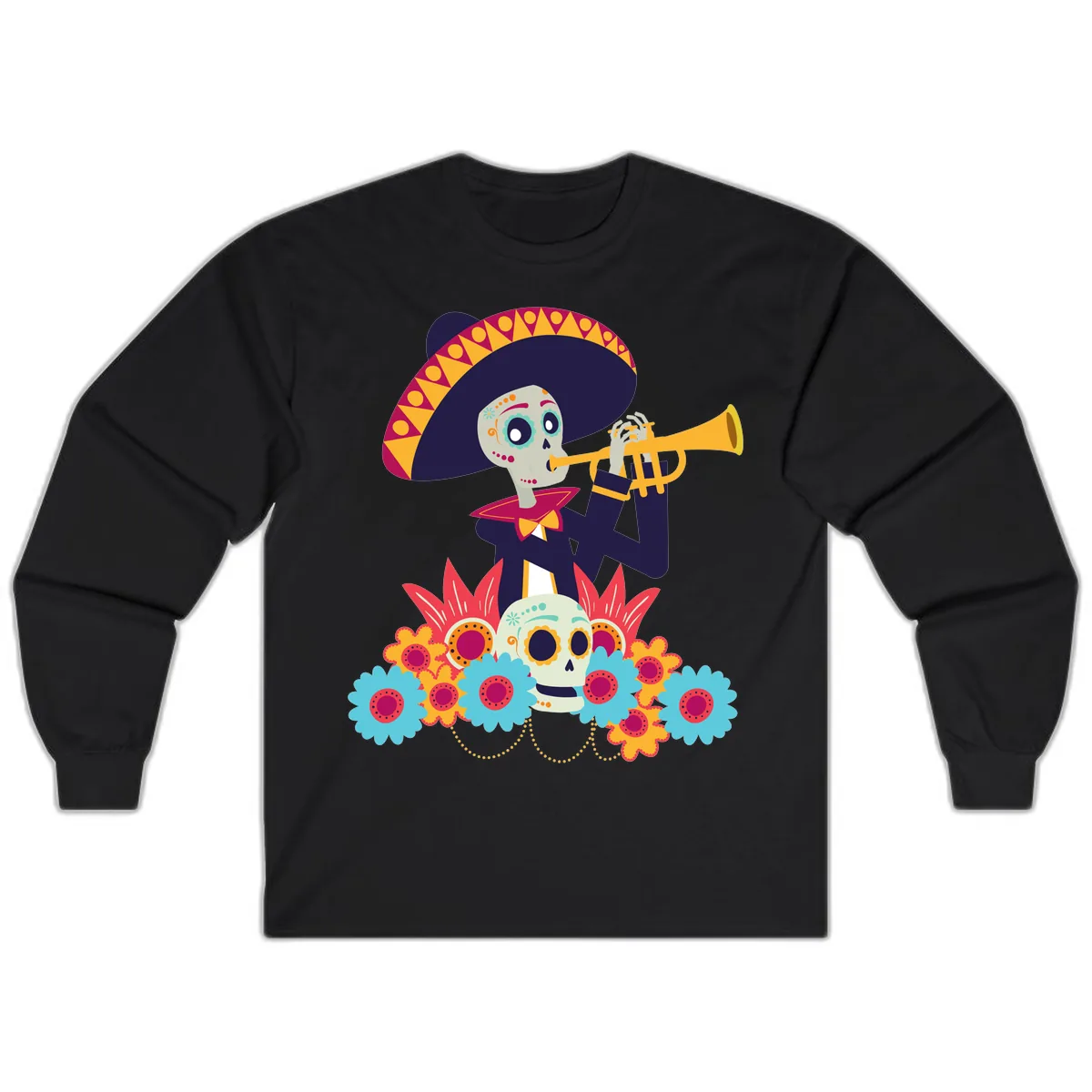 Calavera Mariachi Skeleton Trumpet Player Long Sleeve in Black