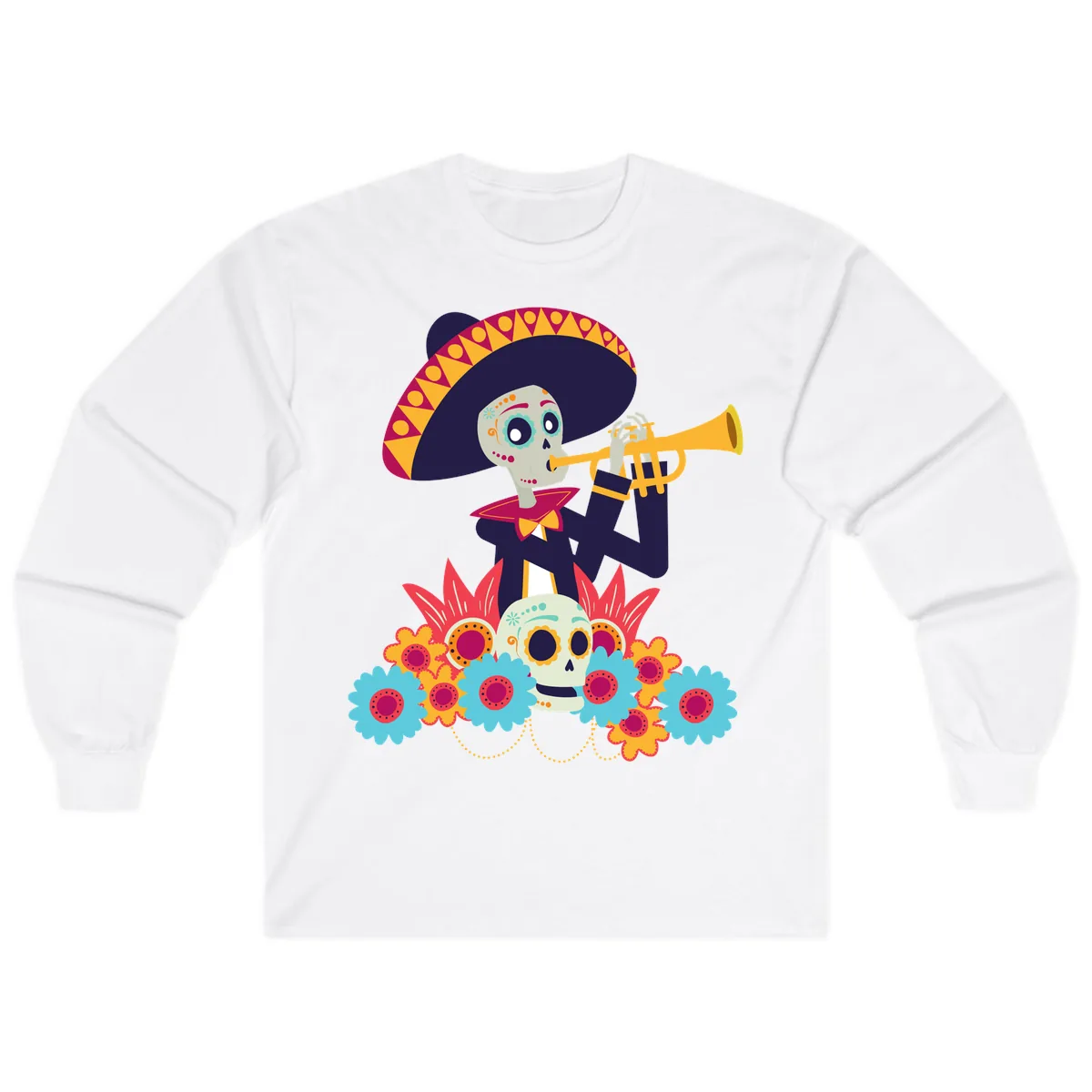 Calavera Mariachi Skeleton Trumpet Player Long Sleeve in White