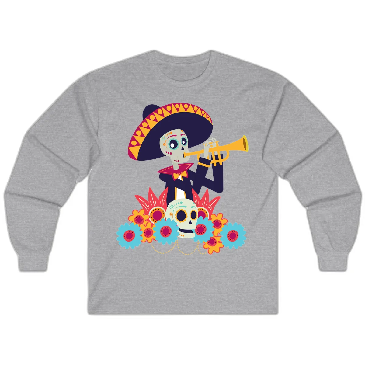 Calavera Mariachi Skeleton Trumpet Player Long Sleeve in Sport Grey
