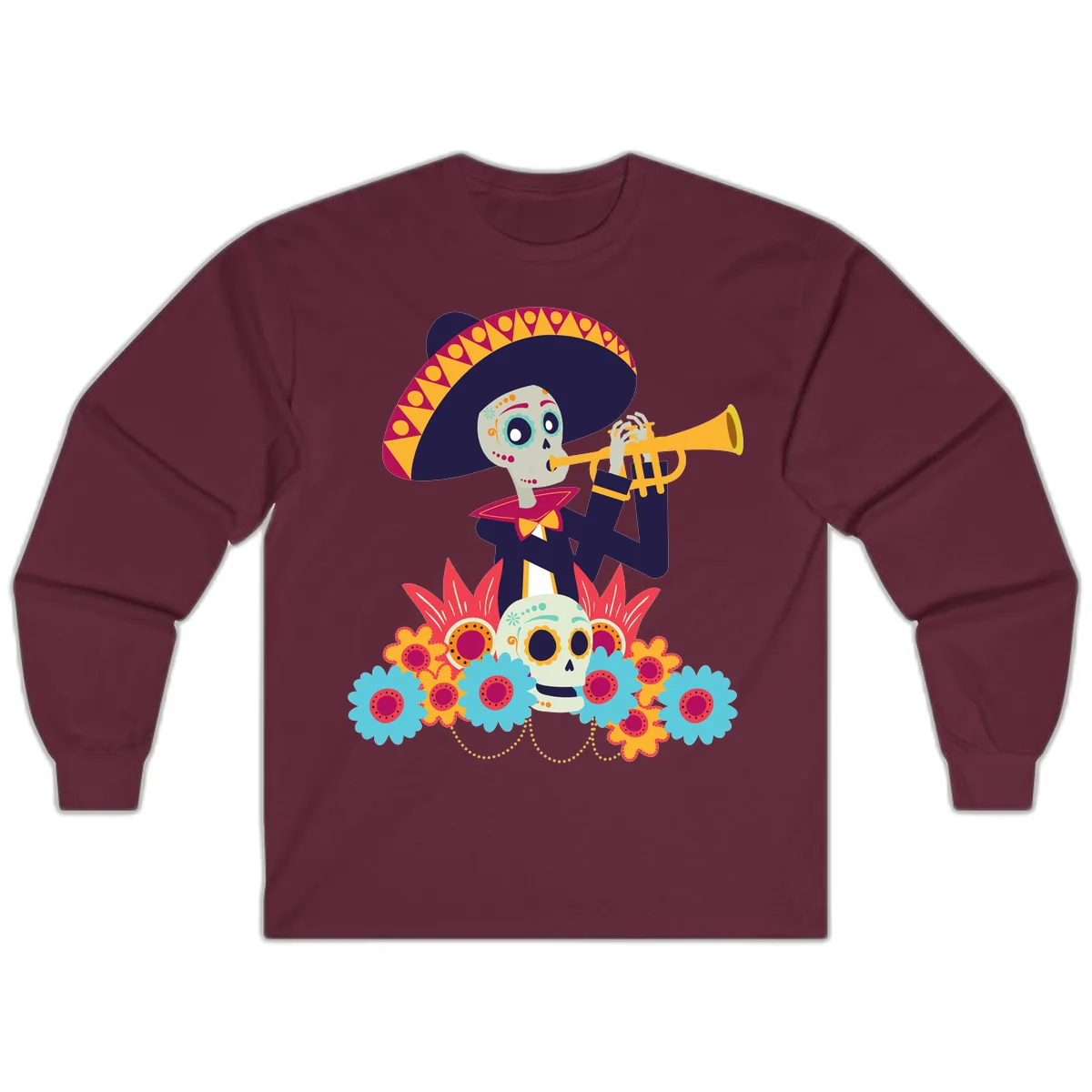 Calavera Mariachi Skeleton Trumpet Player Long Sleeve in Maroon