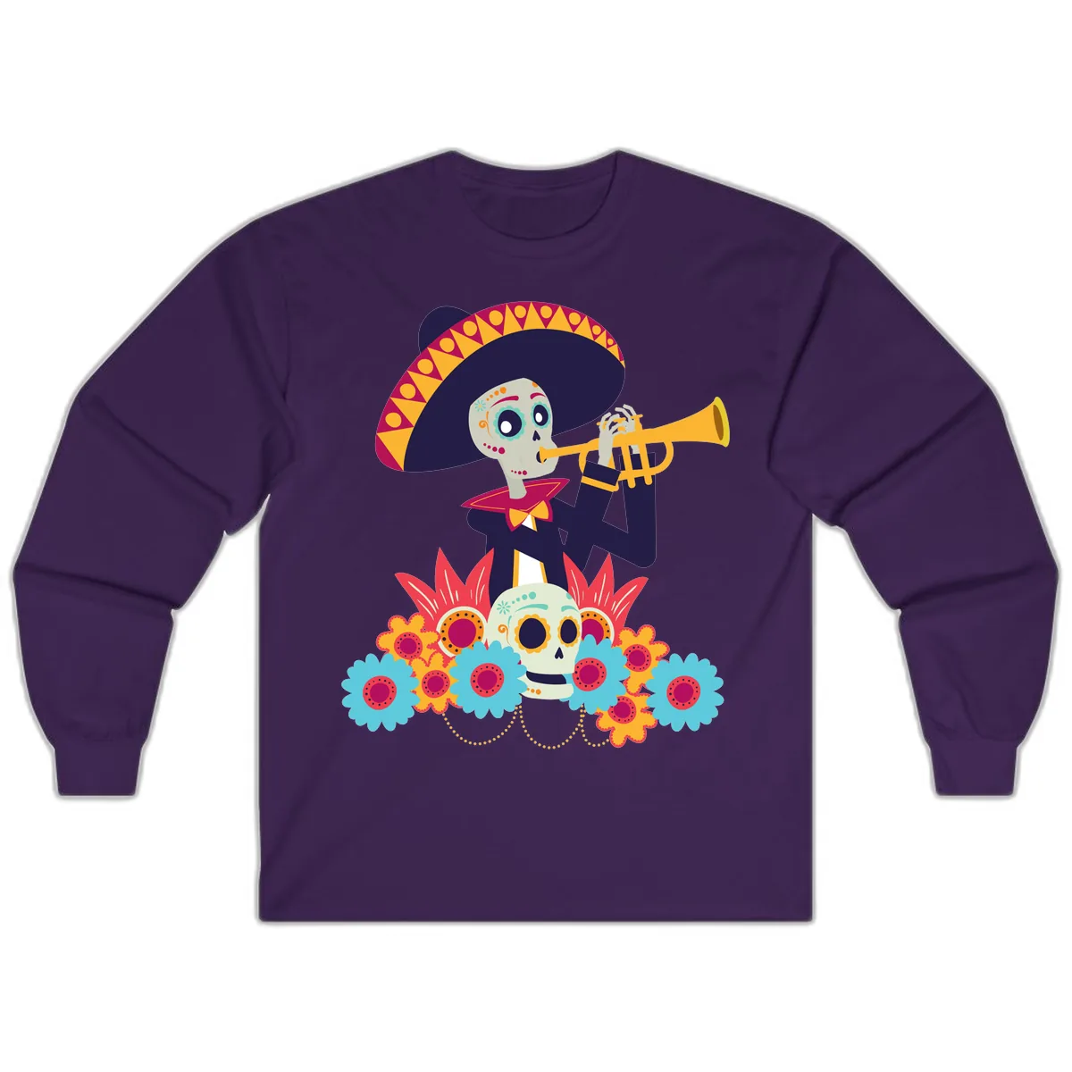 Calavera Mariachi Skeleton Trumpet Player Long Sleeve in Purple