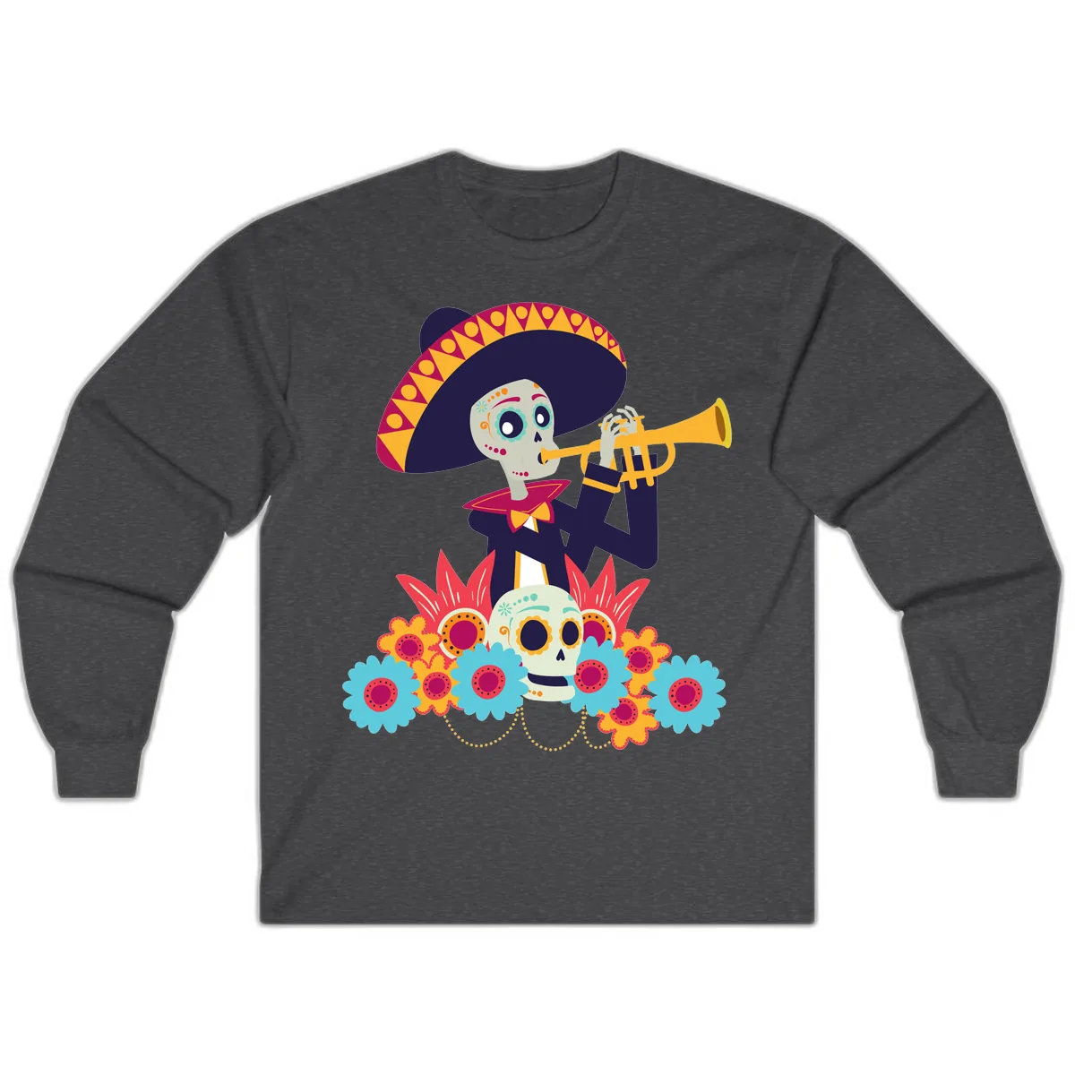 Calavera Mariachi Skeleton Trumpet Player Long Sleeve in Dark Heather