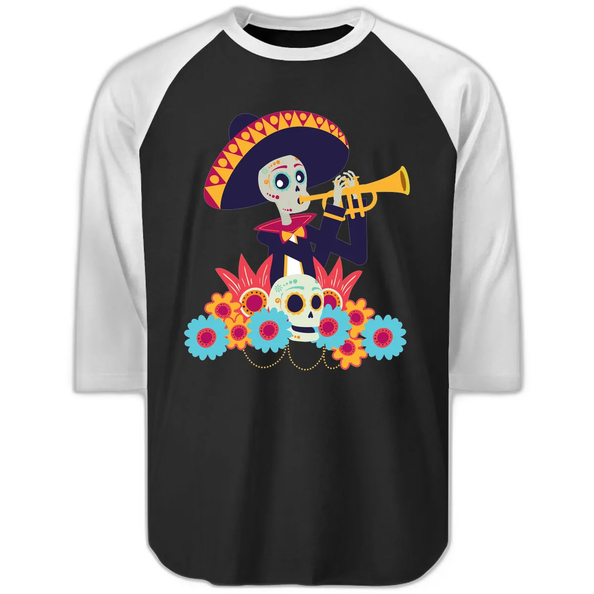 Calavera Mariachi Skeleton Trumpet Player Raglan 3/4 in Black White