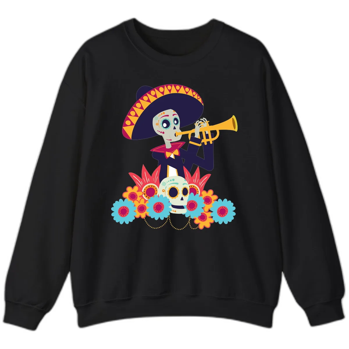 Calavera Mariachi Skeleton Trumpet Player Sweatshirt in Black