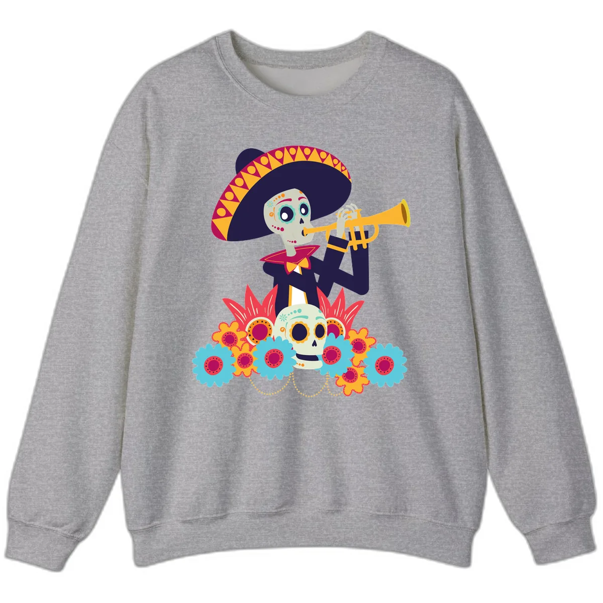 Calavera Mariachi Skeleton Trumpet Player Sweatshirt in Sport Grey