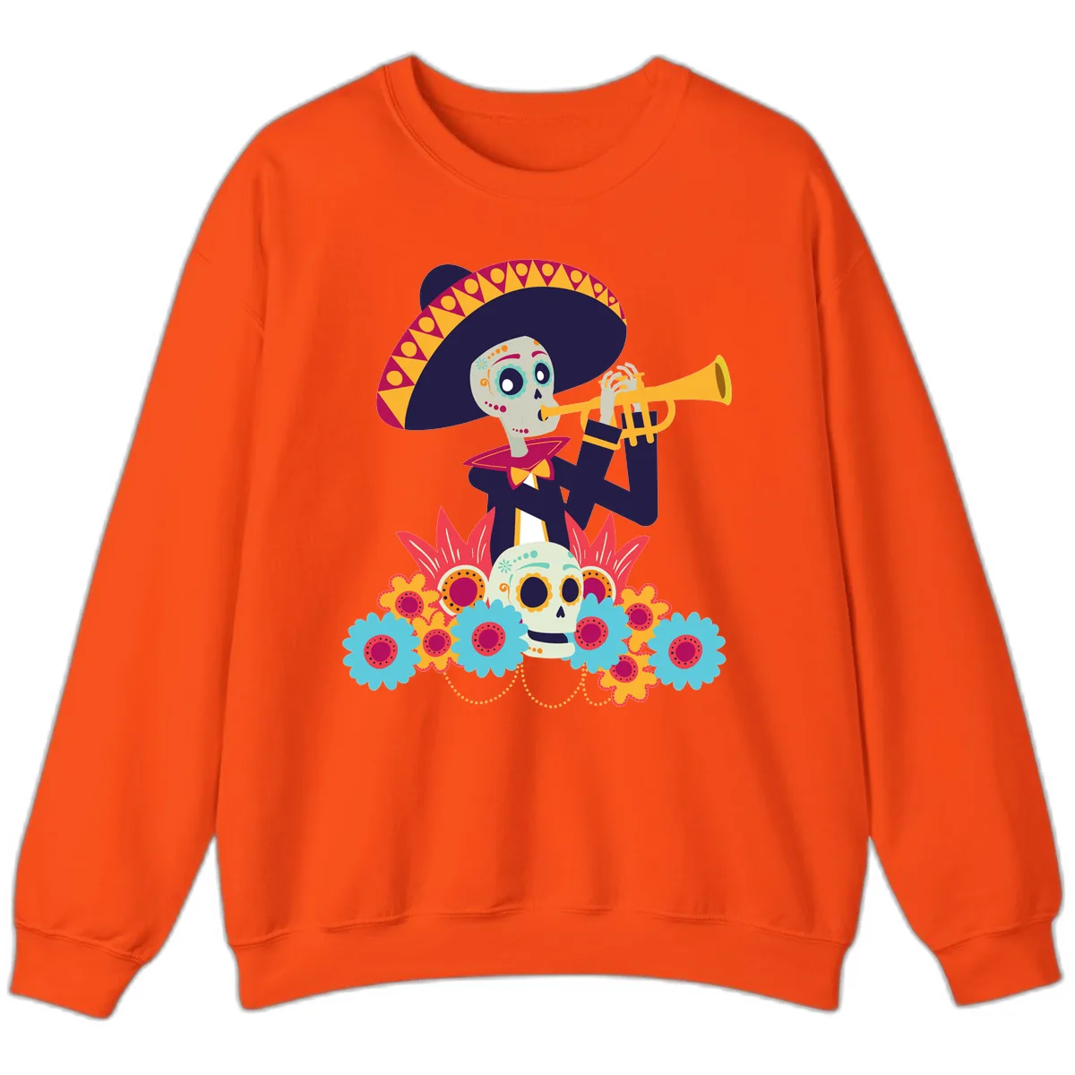 Calavera Mariachi Skeleton Trumpet Player Sweatshirt in Orange