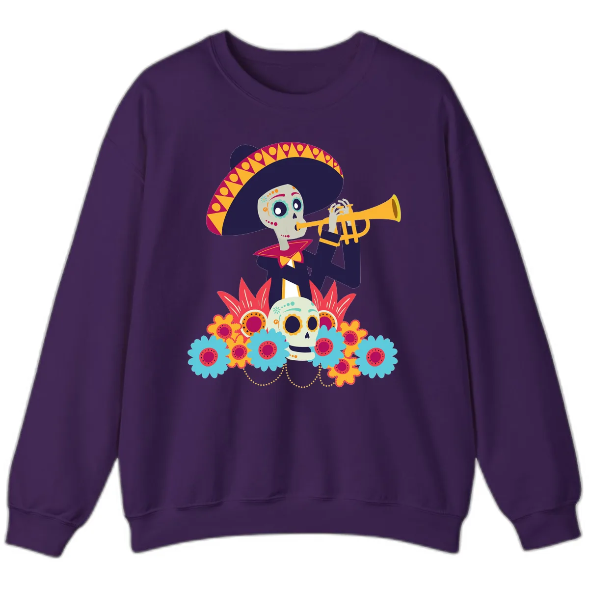 Calavera Mariachi Skeleton Trumpet Player Sweatshirt in Purple