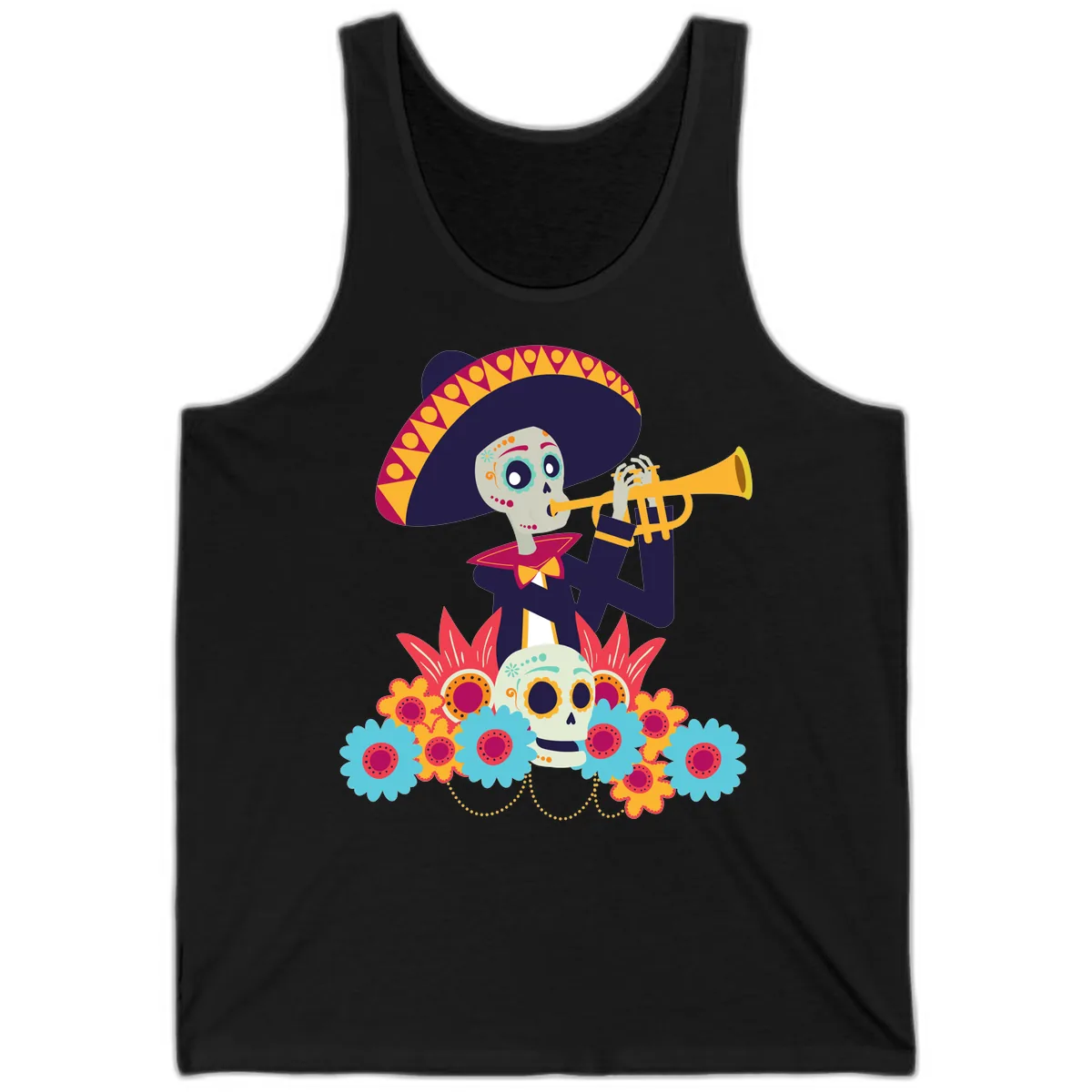 Calavera Mariachi Skeleton Trumpet Player Tank in Black