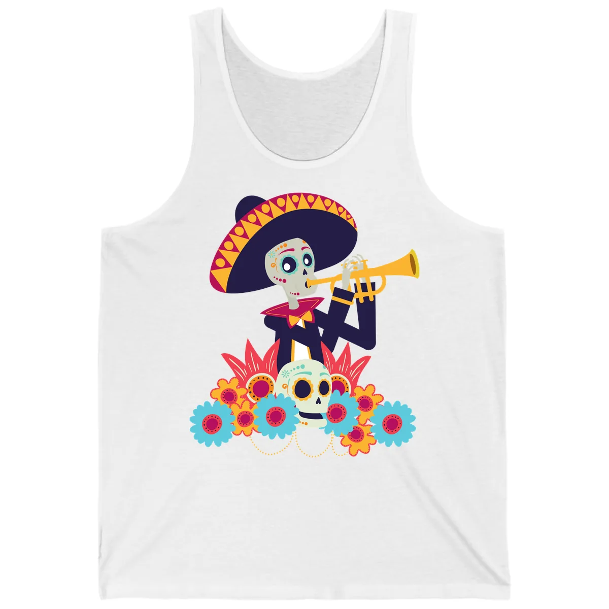 Calavera Mariachi Skeleton Trumpet Player Tank in White