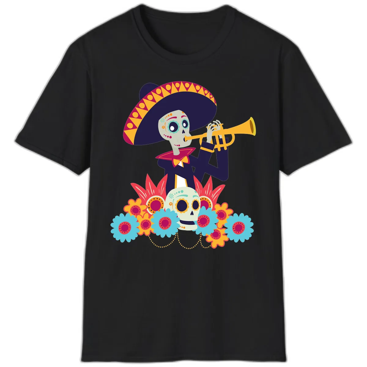 Calavera Mariachi Skeleton Trumpet Player T-Shirt in Black