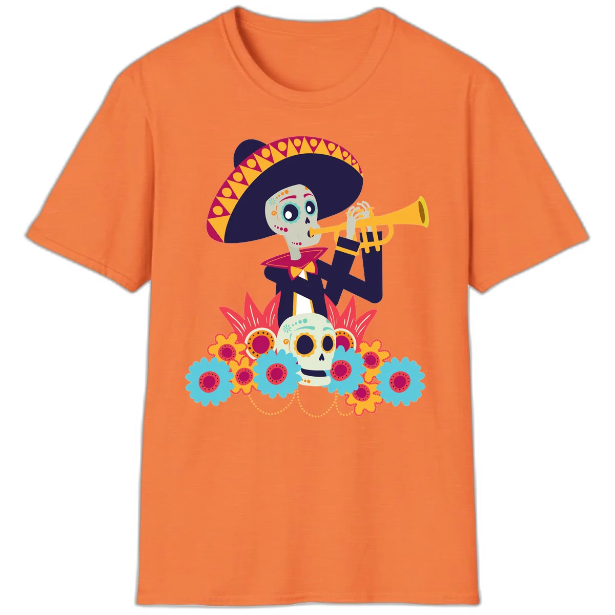 Calavera Mariachi Skeleton Trumpet Player T-Shirt in Heather Orange