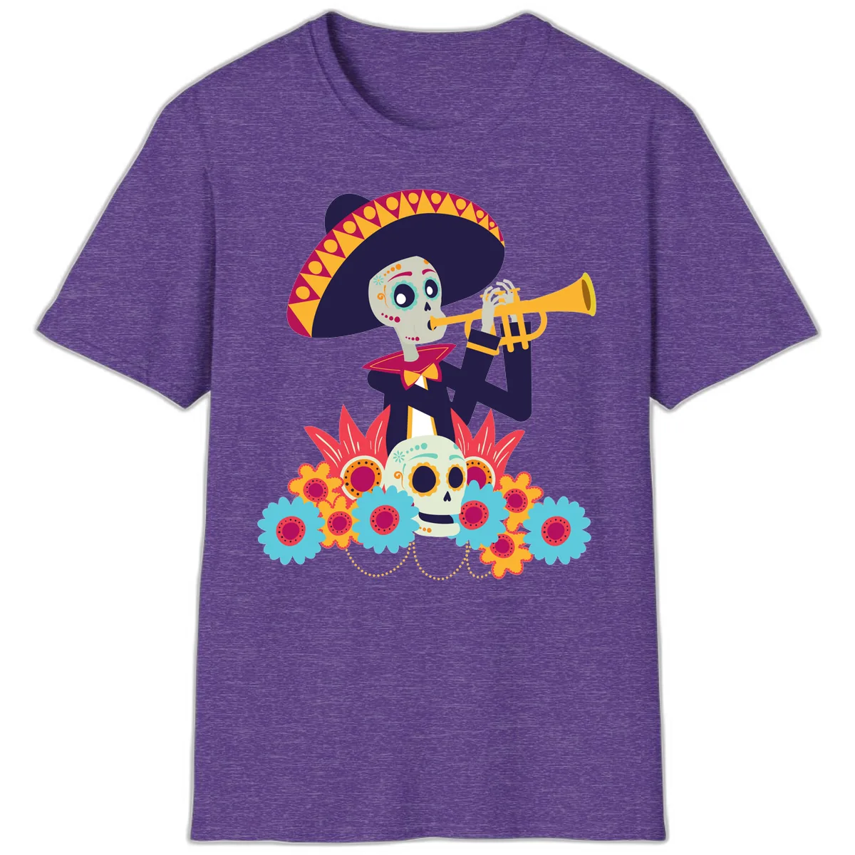 Calavera Mariachi Skeleton Trumpet Player T-Shirt in Heather Purple