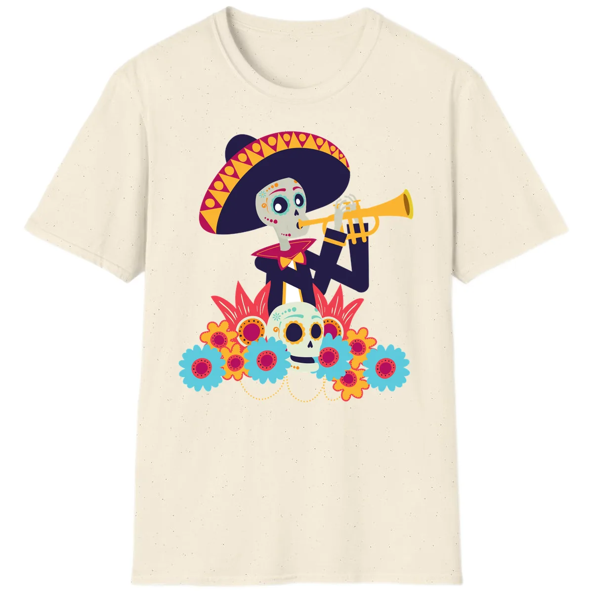 Calavera Mariachi Skeleton Trumpet Player T-Shirt in Natural