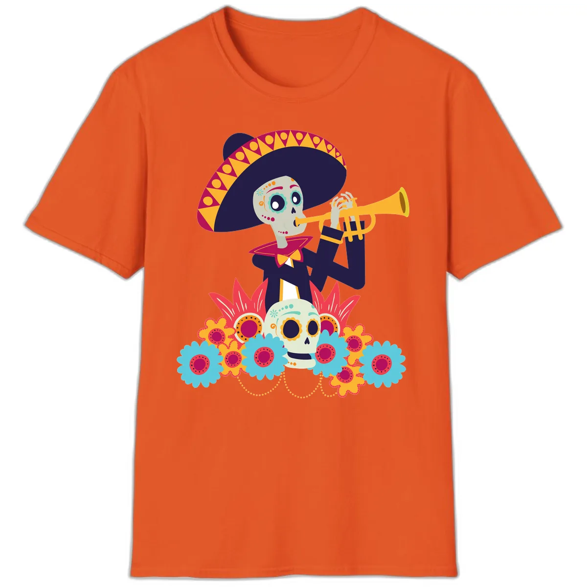 Calavera Mariachi Skeleton Trumpet Player T-Shirt in Orange