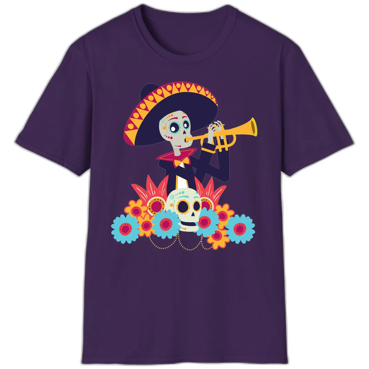 Calavera Mariachi Skeleton Trumpet Player T-Shirt in Purple