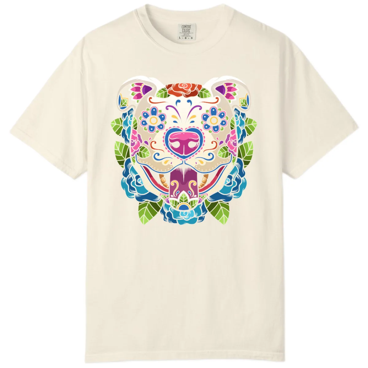 Vibrant Floral Sugar Skull Dog Calavera Comfort Color in Ivory