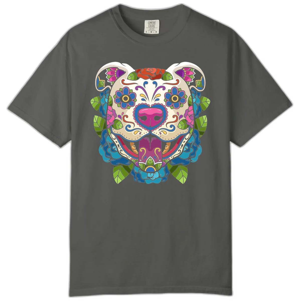 Vibrant Floral Sugar Skull Dog Calavera Comfort Color in Pepper