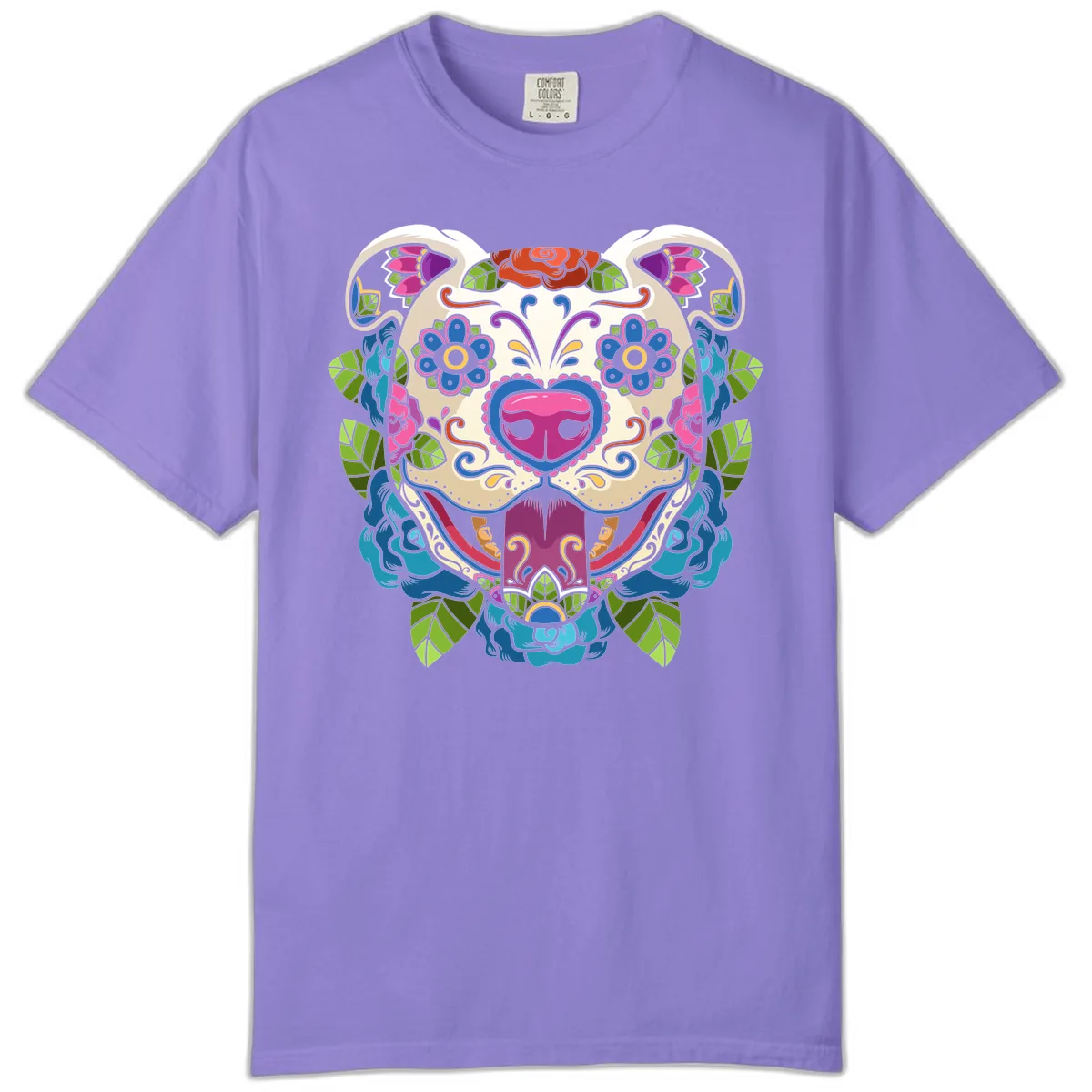 Vibrant Floral Sugar Skull Dog Calavera Comfort Color in Violet