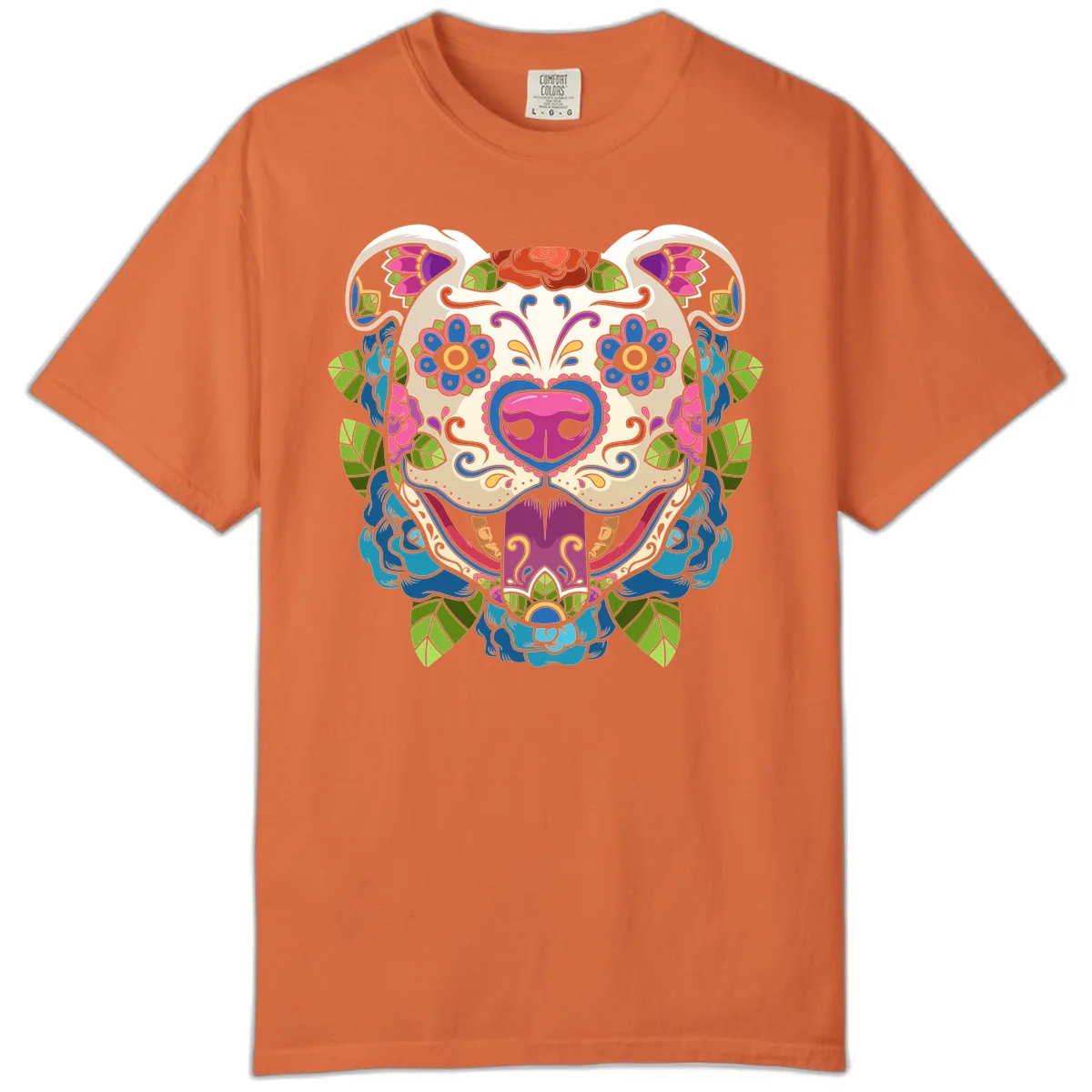 Vibrant Floral Sugar Skull Dog Calavera Comfort Color in Burnt Orange
