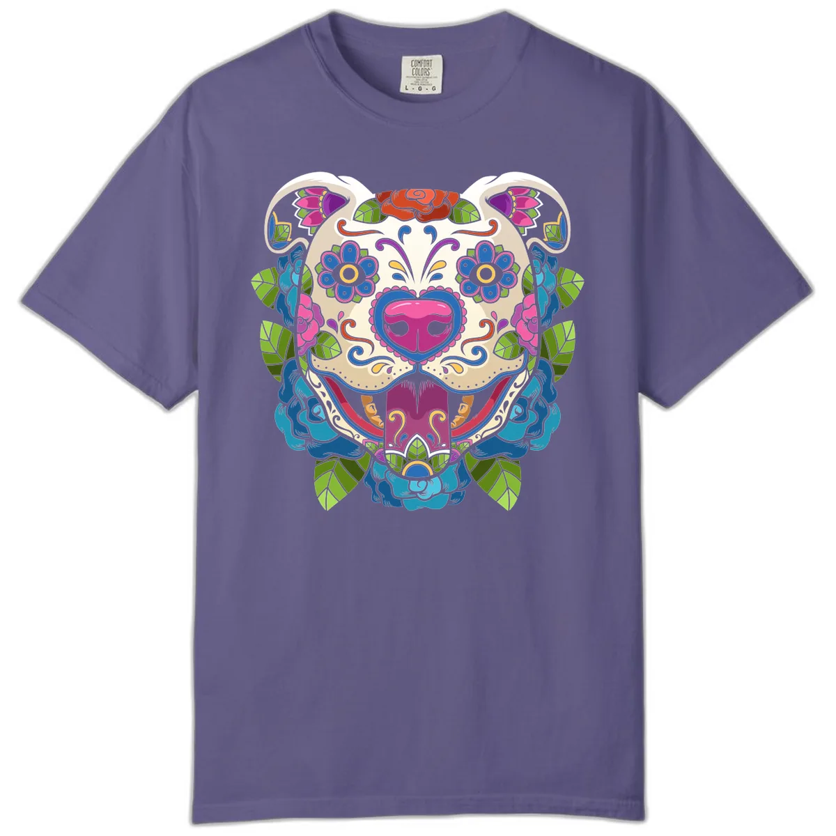 Vibrant Floral Sugar Skull Dog Calavera Comfort Color in Grape