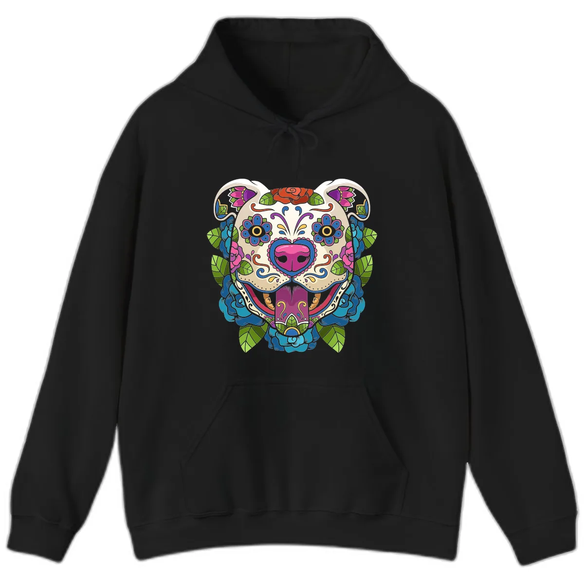 Vibrant Floral Sugar Skull Dog Calavera Hoodie in Black