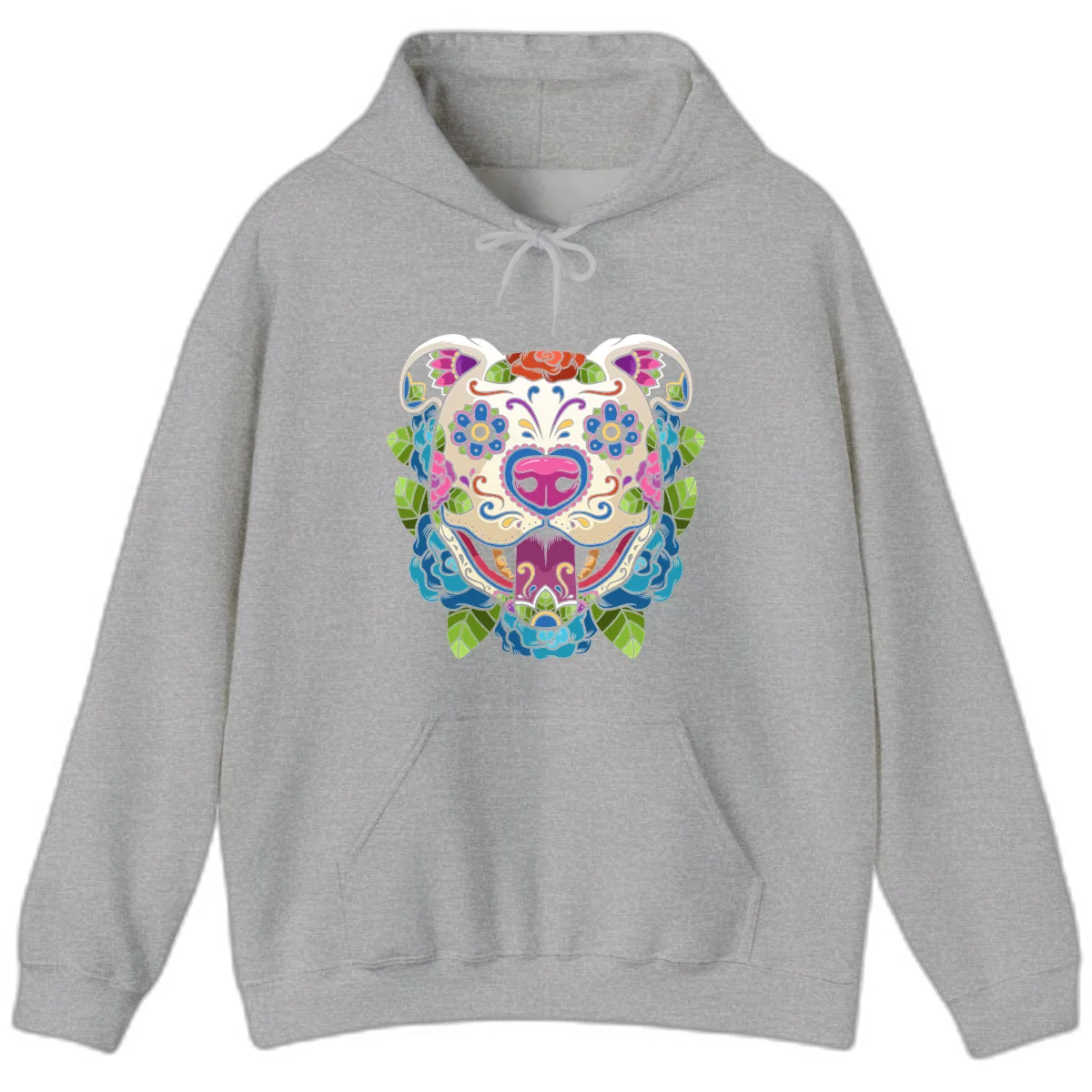 Vibrant Floral Sugar Skull Dog Calavera Hoodie in Sport Grey