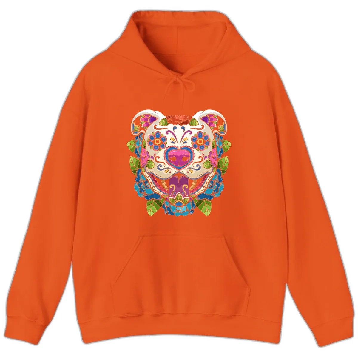 Vibrant Floral Sugar Skull Dog Calavera Hoodie in Orange