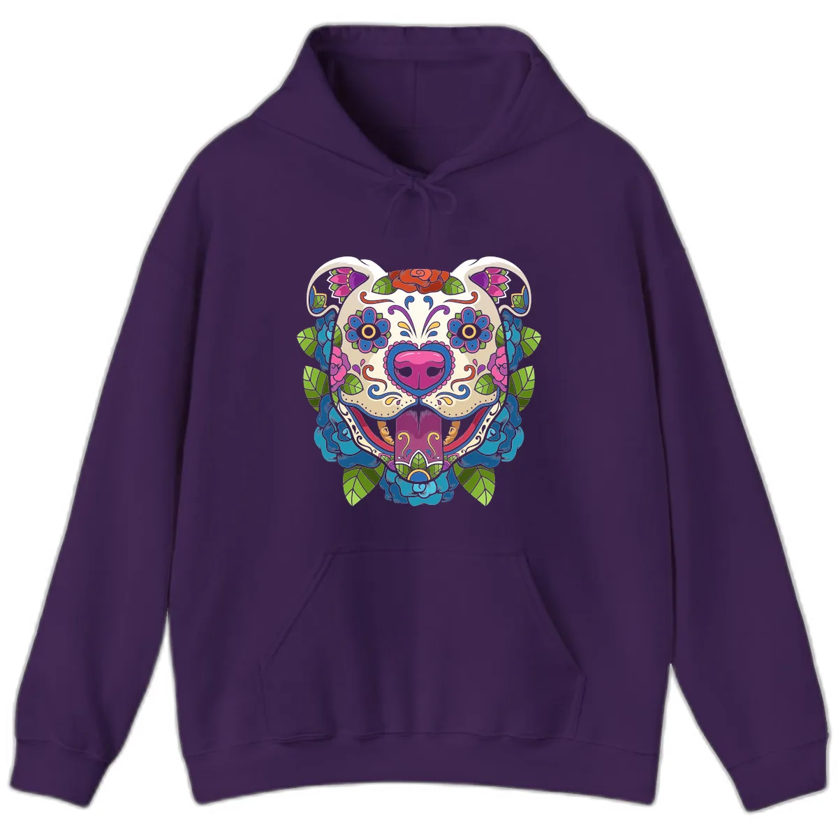 Vibrant Floral Sugar Skull Dog Calavera Hoodie in Purple