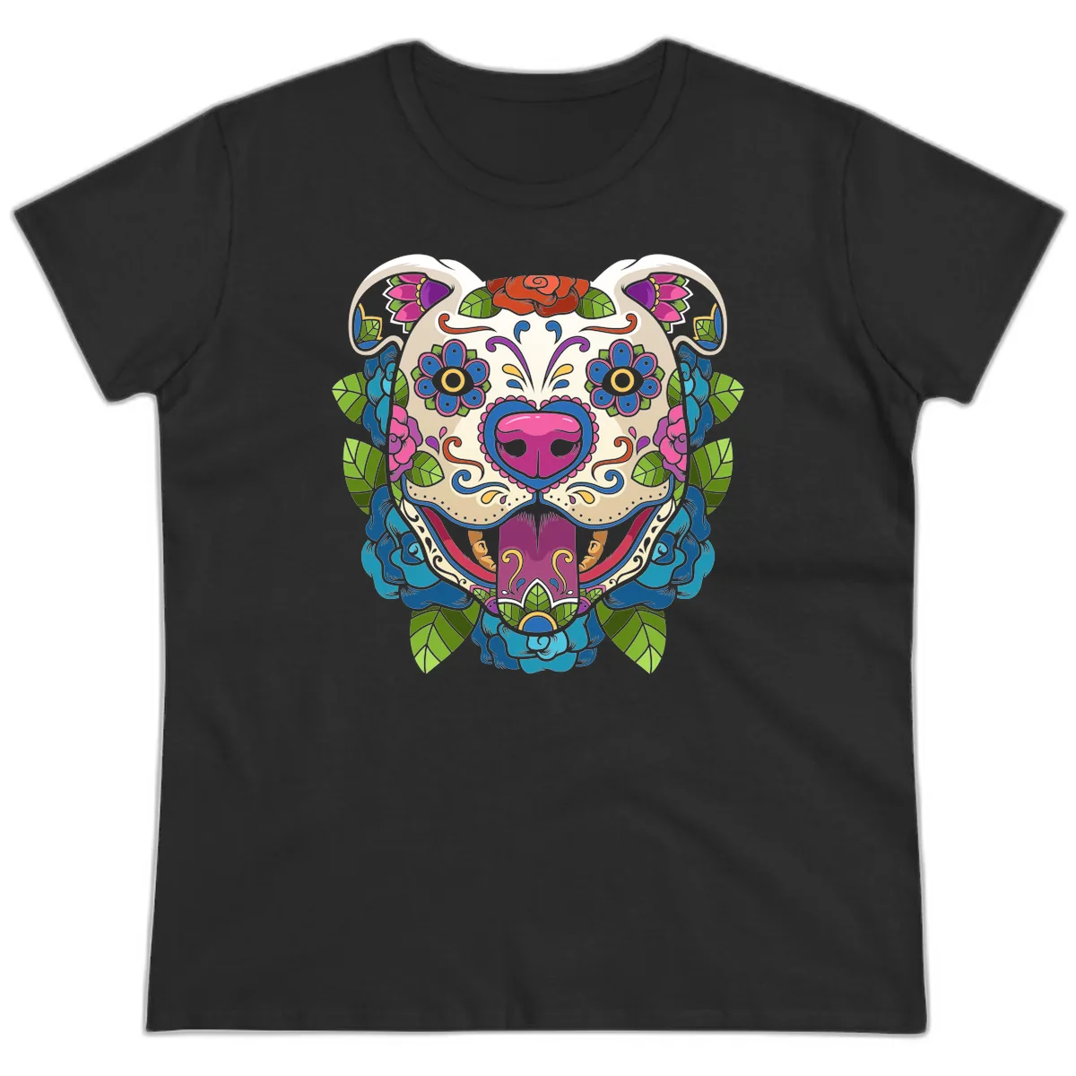 Vibrant Floral Sugar Skull Dog Calavera Ladies Tee in Black
