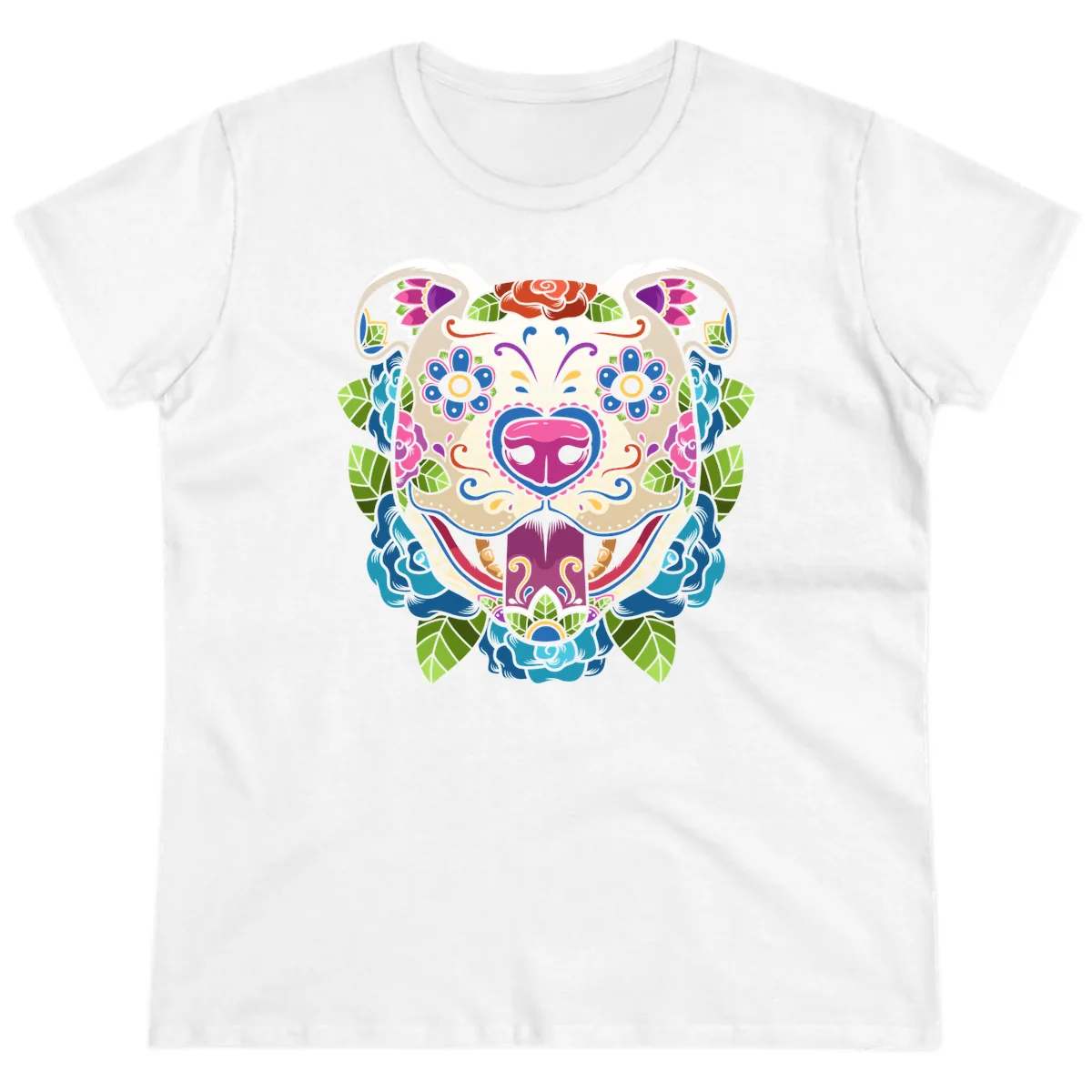 Vibrant Floral Sugar Skull Dog Calavera Ladies Tee in White