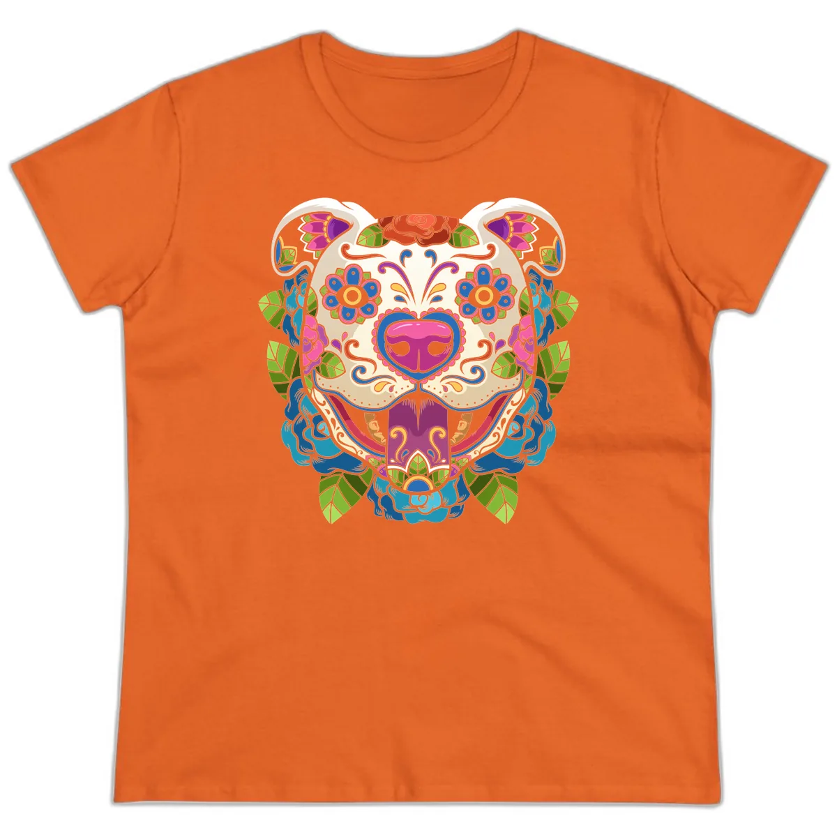 Vibrant Floral Sugar Skull Dog Calavera Ladies Tee in Orange