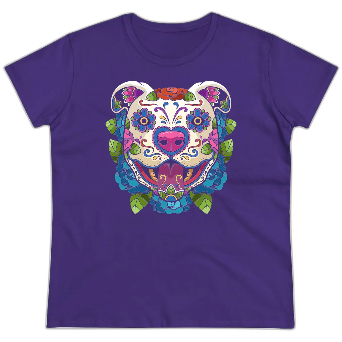 Vibrant Floral Sugar Skull Dog Calavera Ladies Tee in Purple