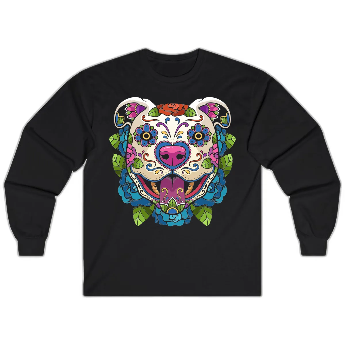 Vibrant Floral Sugar Skull Dog Calavera Long Sleeve in Black