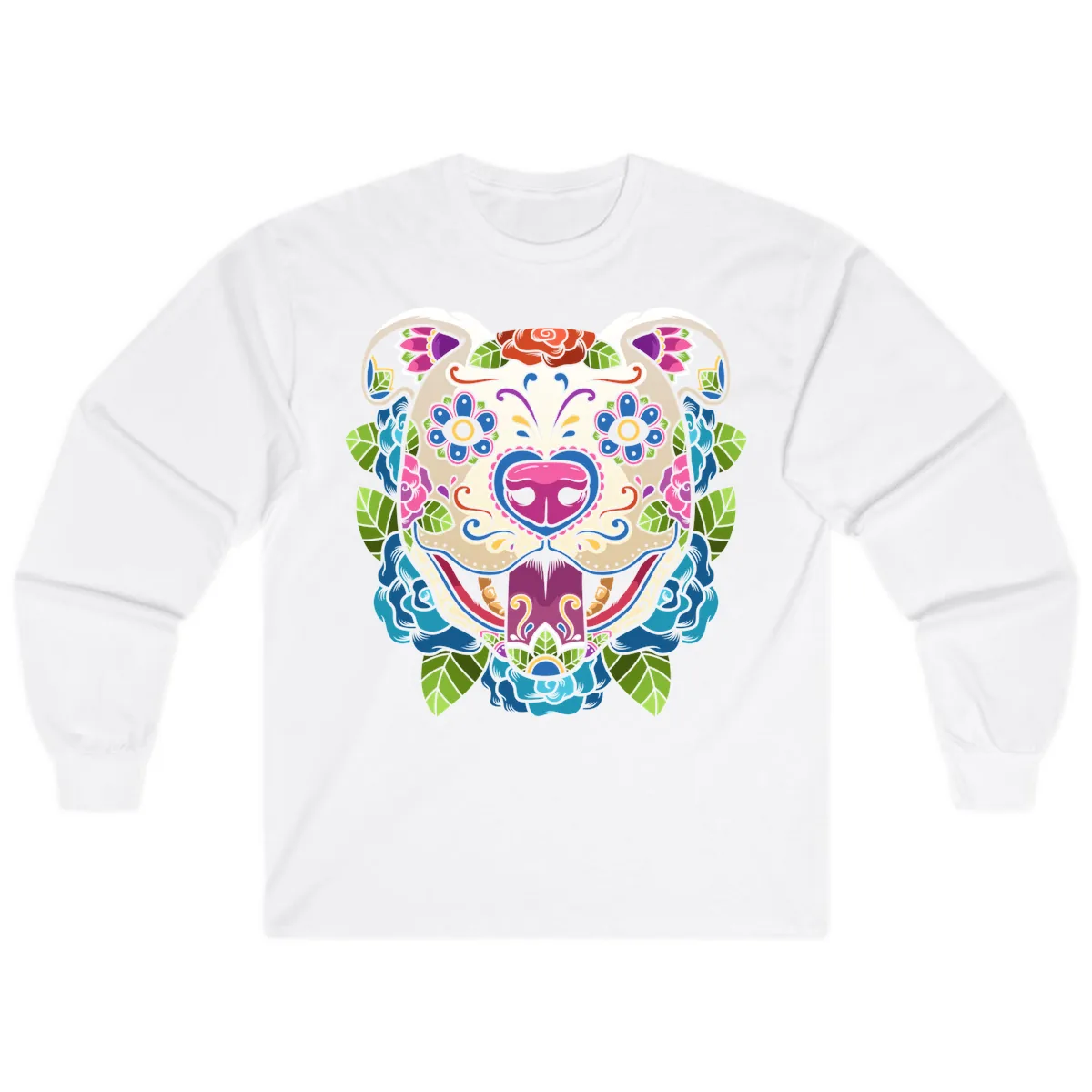 Vibrant Floral Sugar Skull Dog Calavera Long Sleeve in White