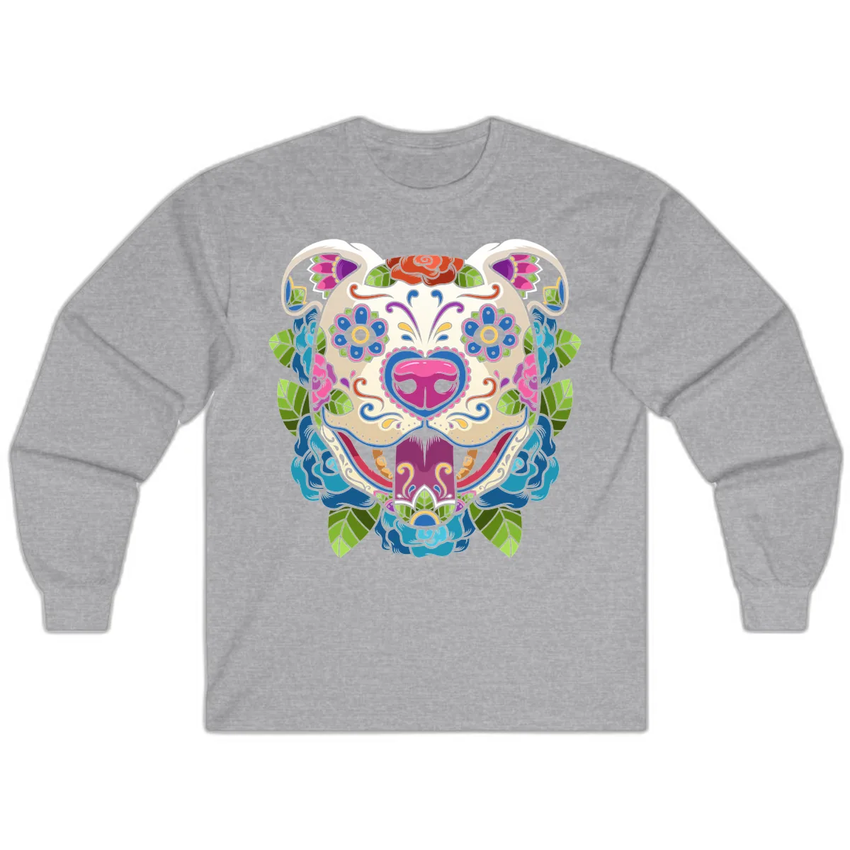 Vibrant Floral Sugar Skull Dog Calavera Long Sleeve in Sport Grey