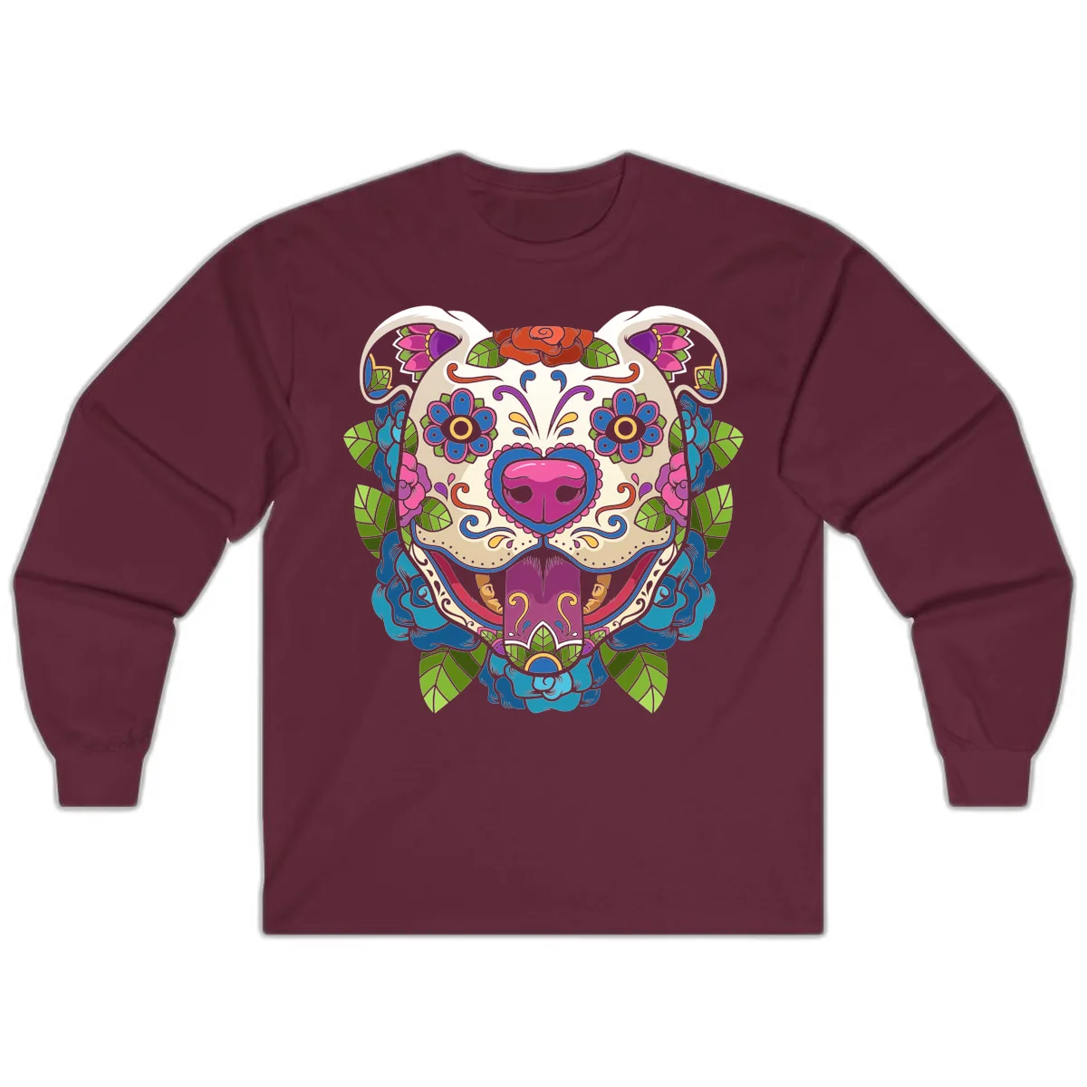 Vibrant Floral Sugar Skull Dog Calavera Long Sleeve in Maroon