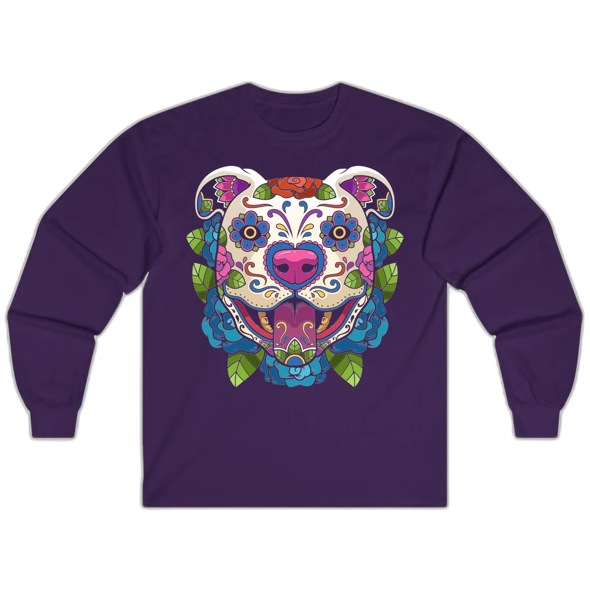 Vibrant Floral Sugar Skull Dog Calavera Long Sleeve in Purple