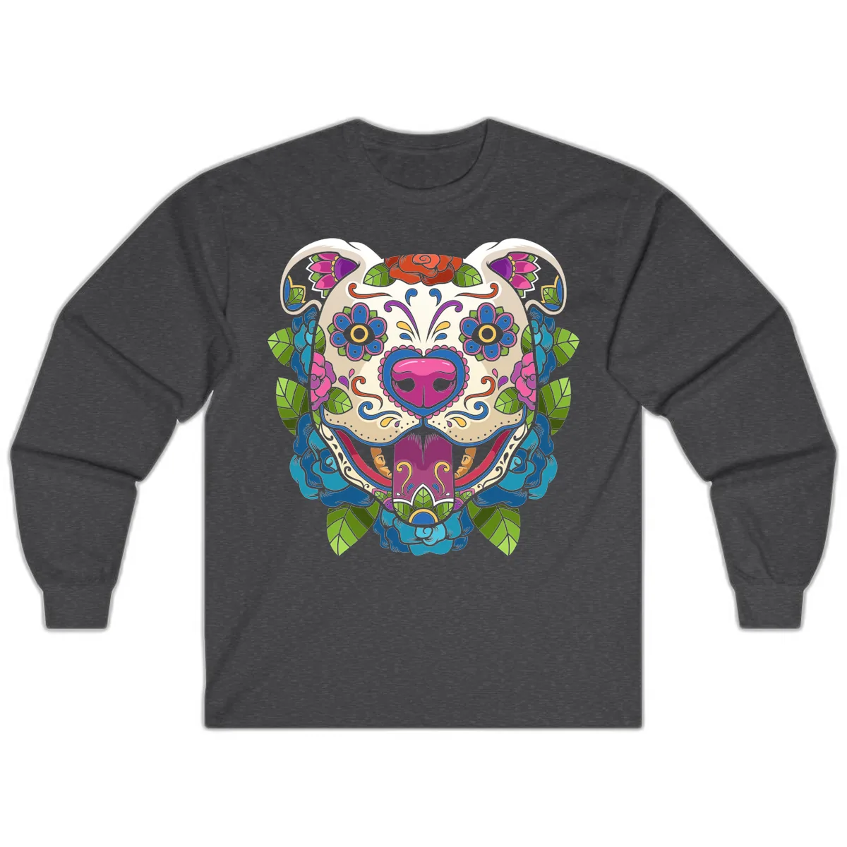 Vibrant Floral Sugar Skull Dog Calavera Long Sleeve in Dark Heather