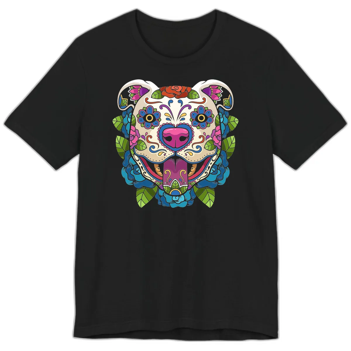 Vibrant Floral Sugar Skull Dog Calavera Premium T-Shirt in Black