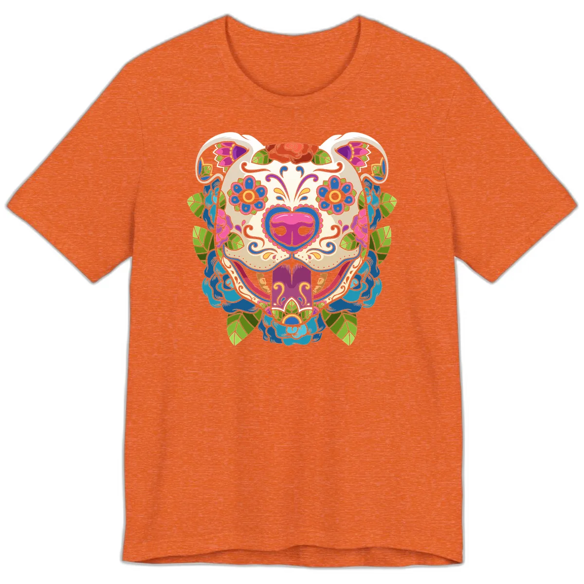 Vibrant Floral Sugar Skull Dog Calavera Premium T-Shirt in Heather Orange