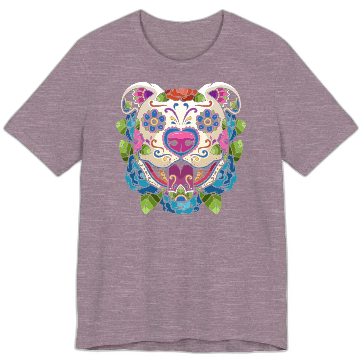 Vibrant Floral Sugar Skull Dog Calavera Premium T-Shirt in Heather Purple